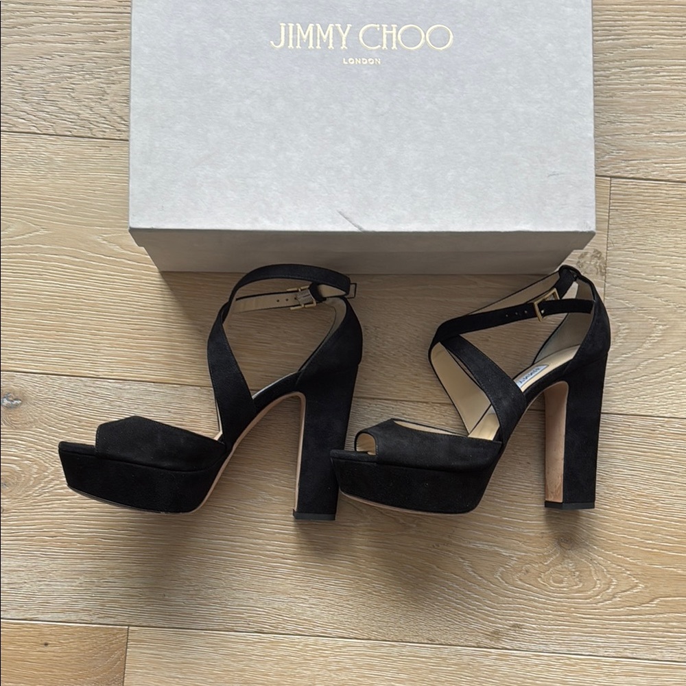 Jimmy Choo Black Suede Platform Heels 7.5 - Picture 8 of 12